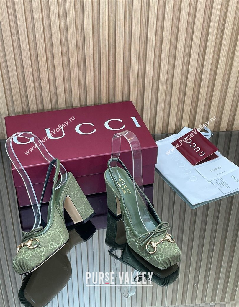 Gucci Horsebit Slingback Pumps 9.5cm in GG Canvas Green 2025 850327 (SS-251218036)
