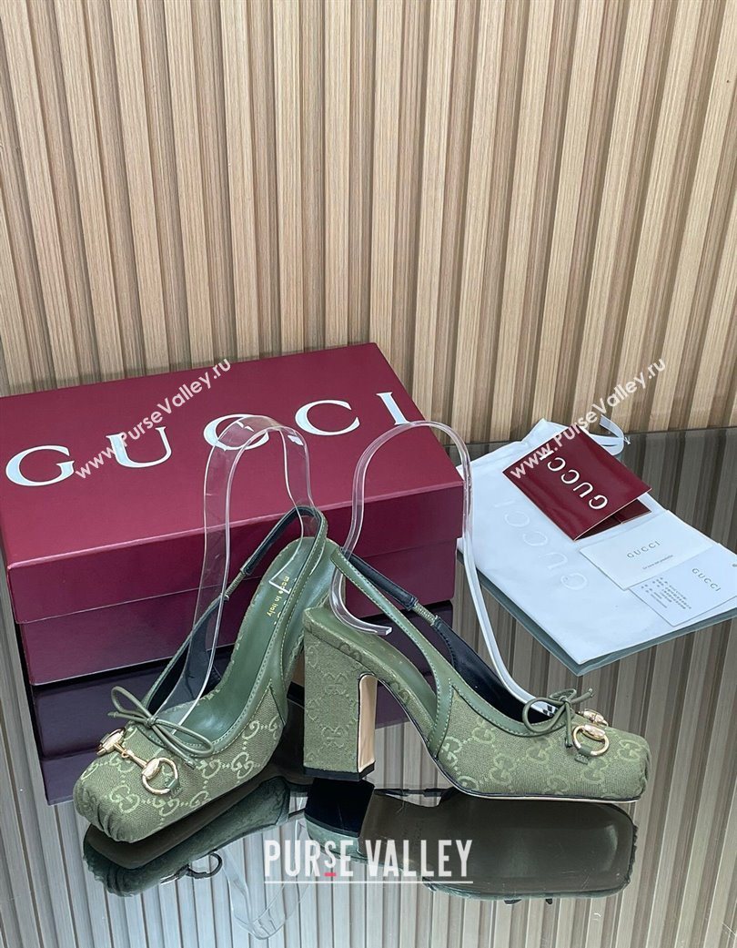 Gucci Horsebit Slingback Pumps 9.5cm in GG Canvas Green 2025 850327 (SS-251218036)
