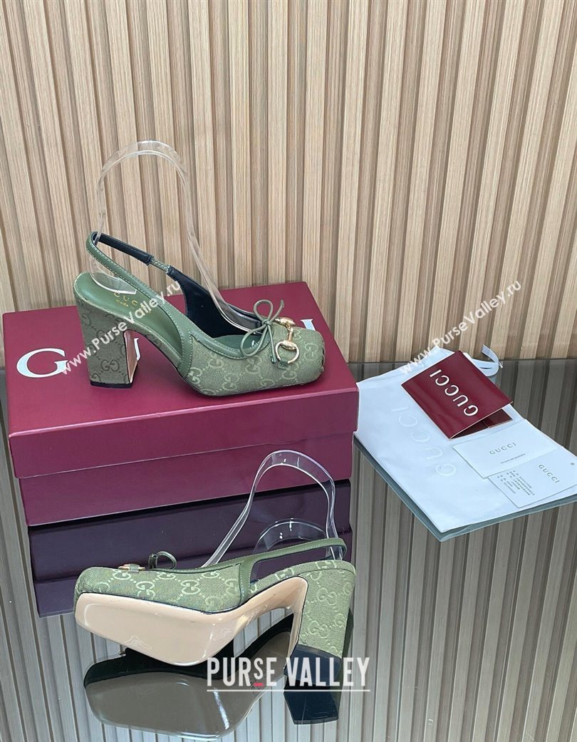 Gucci Horsebit Slingback Pumps 9.5cm in GG Canvas Green 2025 850327 (SS-251218036)