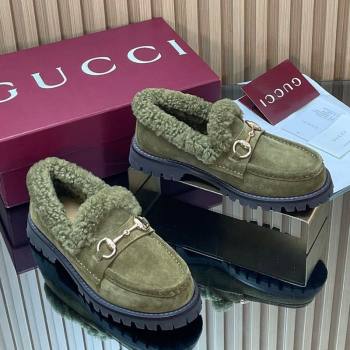 Gucci Wool and Suede Loafers with Horsebit Green 2025 836060 (MD-251218038)