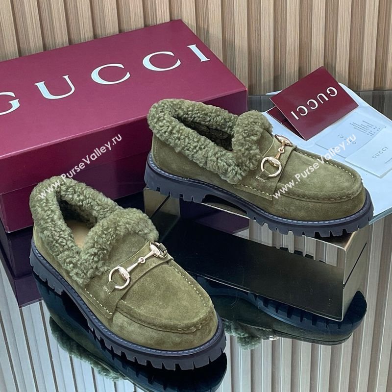 Gucci Wool and Suede Loafers with Horsebit Green 2025 836060 (MD-251218038)