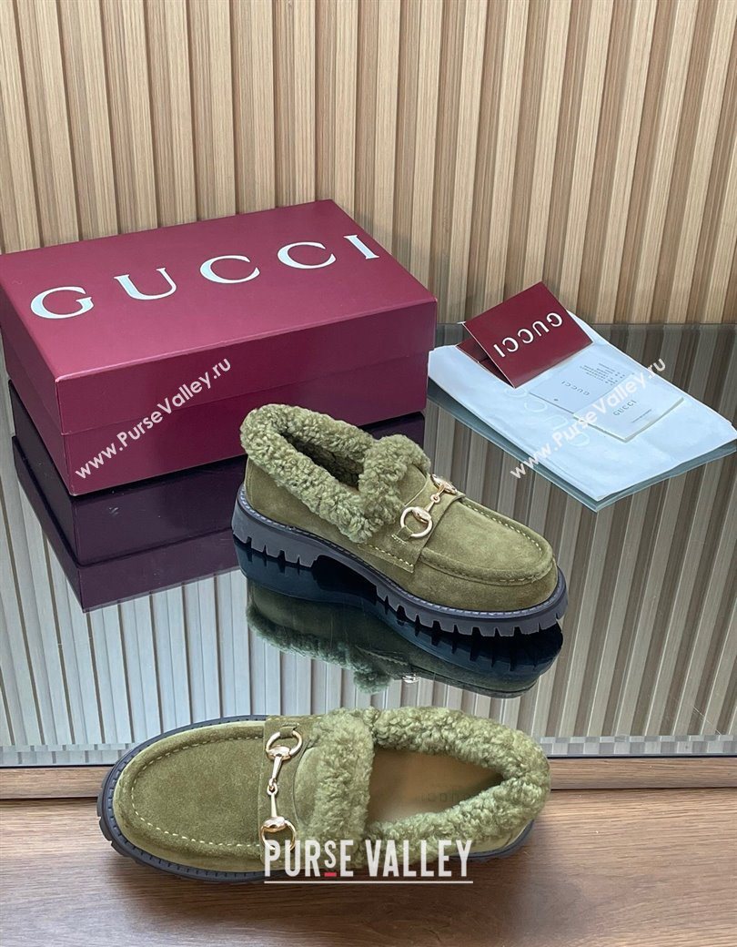 Gucci Wool and Suede Loafers with Horsebit Green 2025 836060 (MD-251218038)