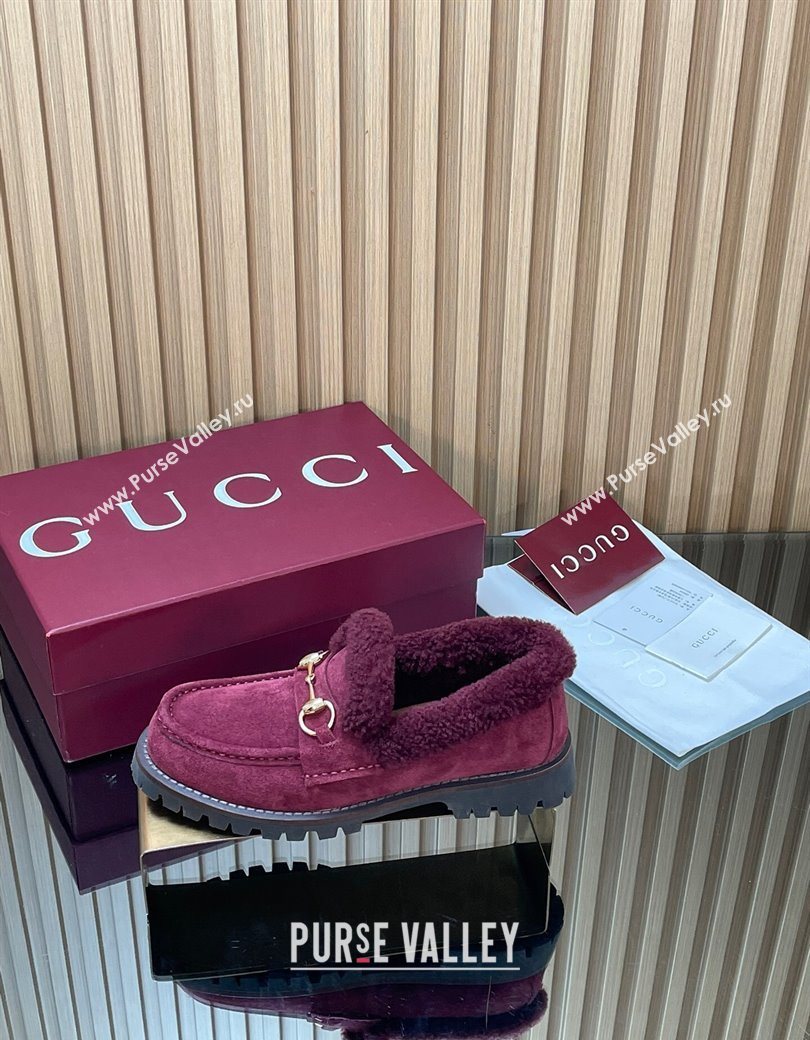 Gucci Wool and Suede Loafers with Horsebit Burgundy 2025 836060 (MD-251218039)