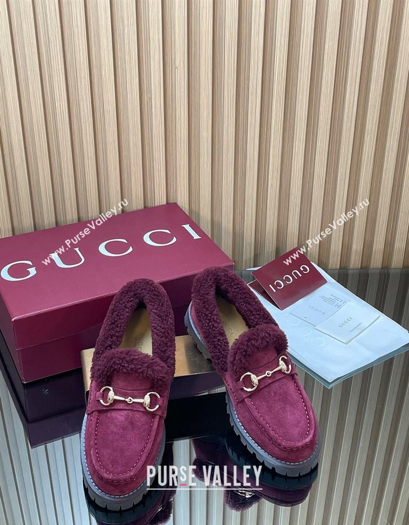 Gucci Wool and Suede Loafers with Horsebit Burgundy 2025 836060 (MD-251218039)
