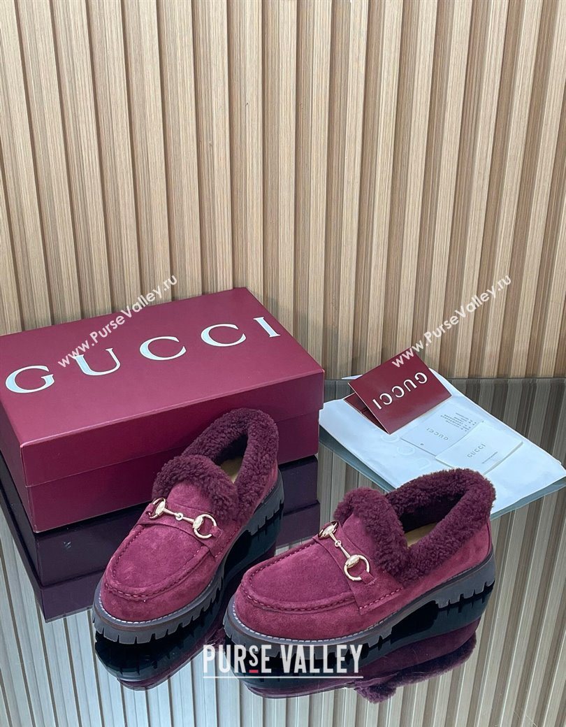 Gucci Wool and Suede Loafers with Horsebit Burgundy 2025 836060 (MD-251218039)