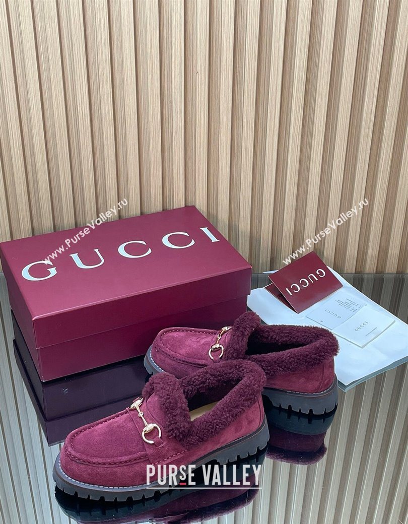 Gucci Wool and Suede Loafers with Horsebit Burgundy 2025 836060 (MD-251218039)