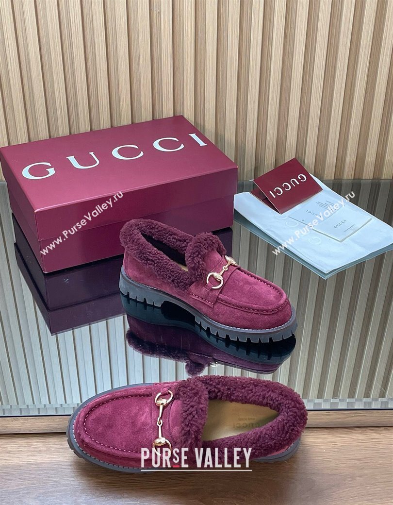 Gucci Wool and Suede Loafers with Horsebit Burgundy 2025 836060 (MD-251218039)