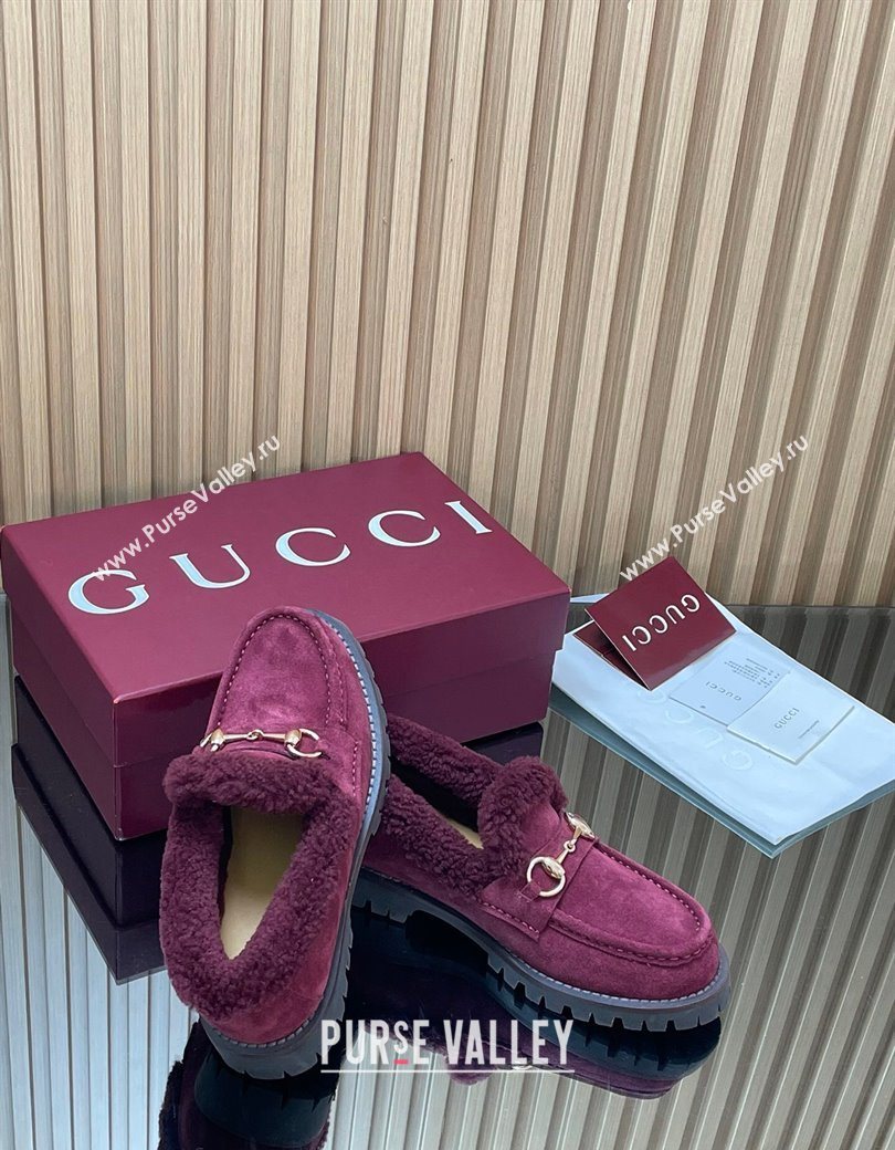 Gucci Wool and Suede Loafers with Horsebit Burgundy 2025 836060 (MD-251218039)