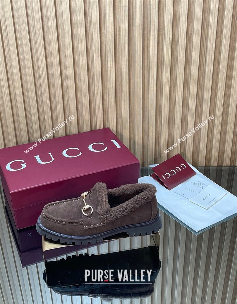 Gucci Wool and Suede Loafers with Horsebit Chocolate Brown 2025 836060 (MD-251218040)