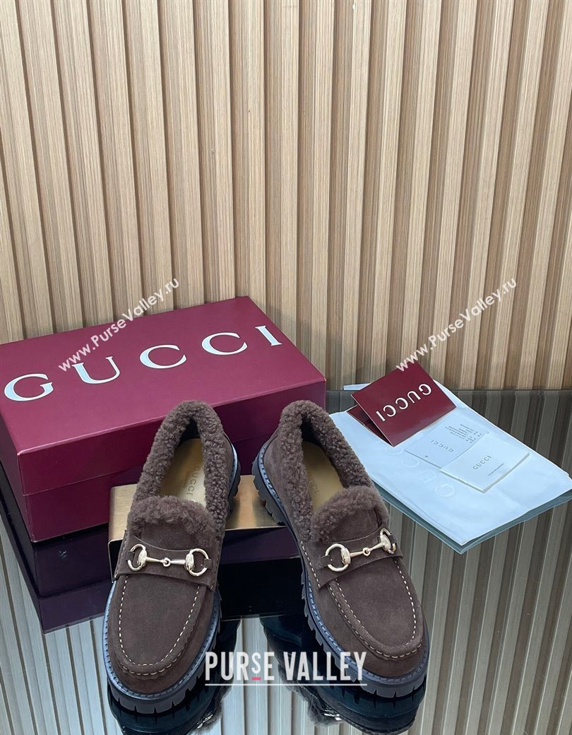 Gucci Wool and Suede Loafers with Horsebit Chocolate Brown 2025 836060 (MD-251218040)