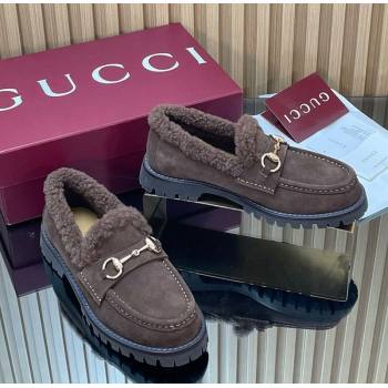 Gucci Wool and Suede Loafers with Horsebit Chocolate Brown 2025 836060 (MD-251218040)