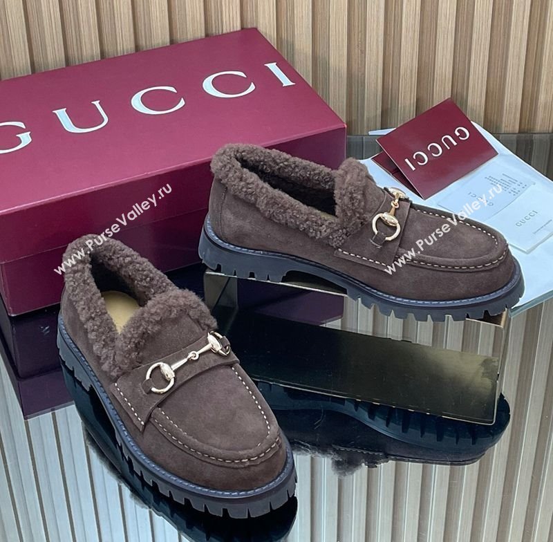 Gucci Wool and Suede Loafers with Horsebit Chocolate Brown 2025 836060 (MD-251218040)