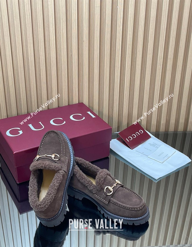 Gucci Wool and Suede Loafers with Horsebit Chocolate Brown 2025 836060 (MD-251218040)