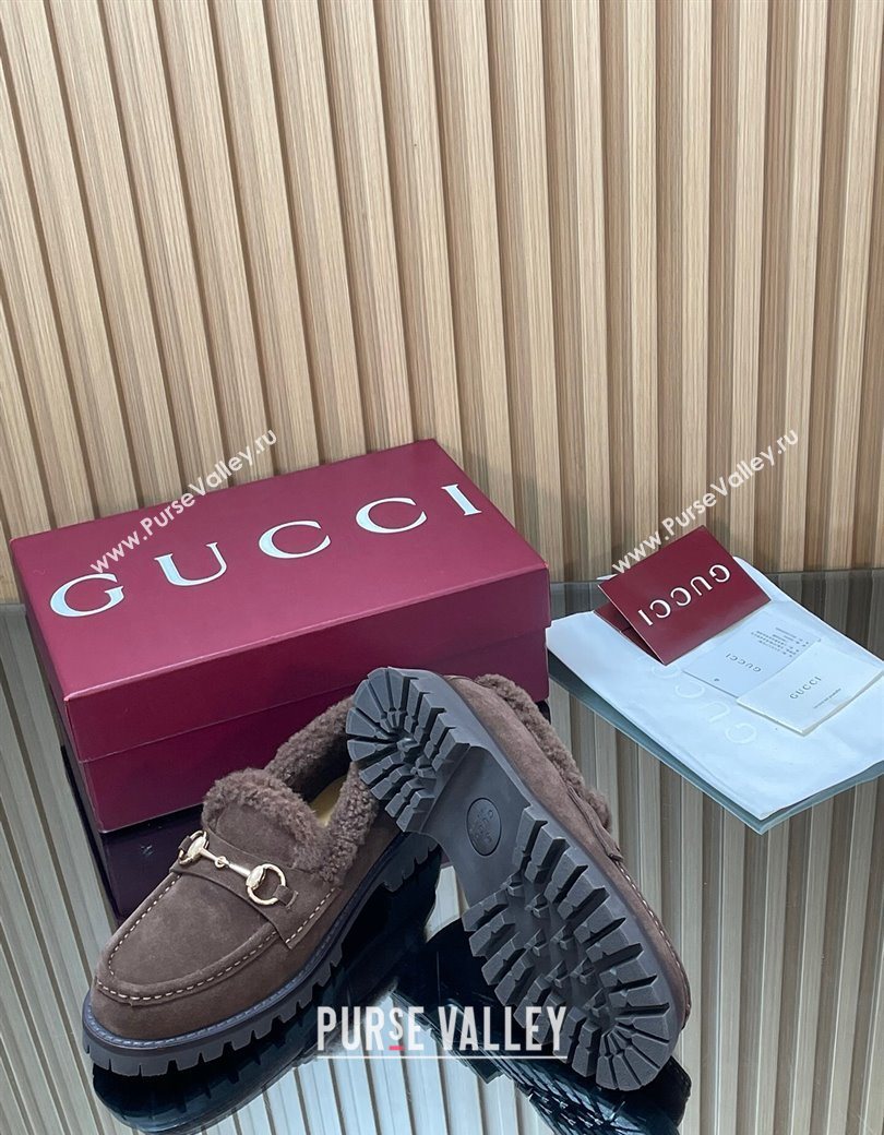Gucci Wool and Suede Loafers with Horsebit Chocolate Brown 2025 836060 (MD-251218040)
