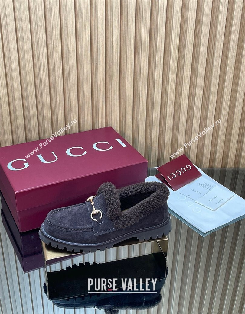 Gucci Wool and Suede Loafers with Horsebit Dark Brown 2025 836060 (MD-251218041)