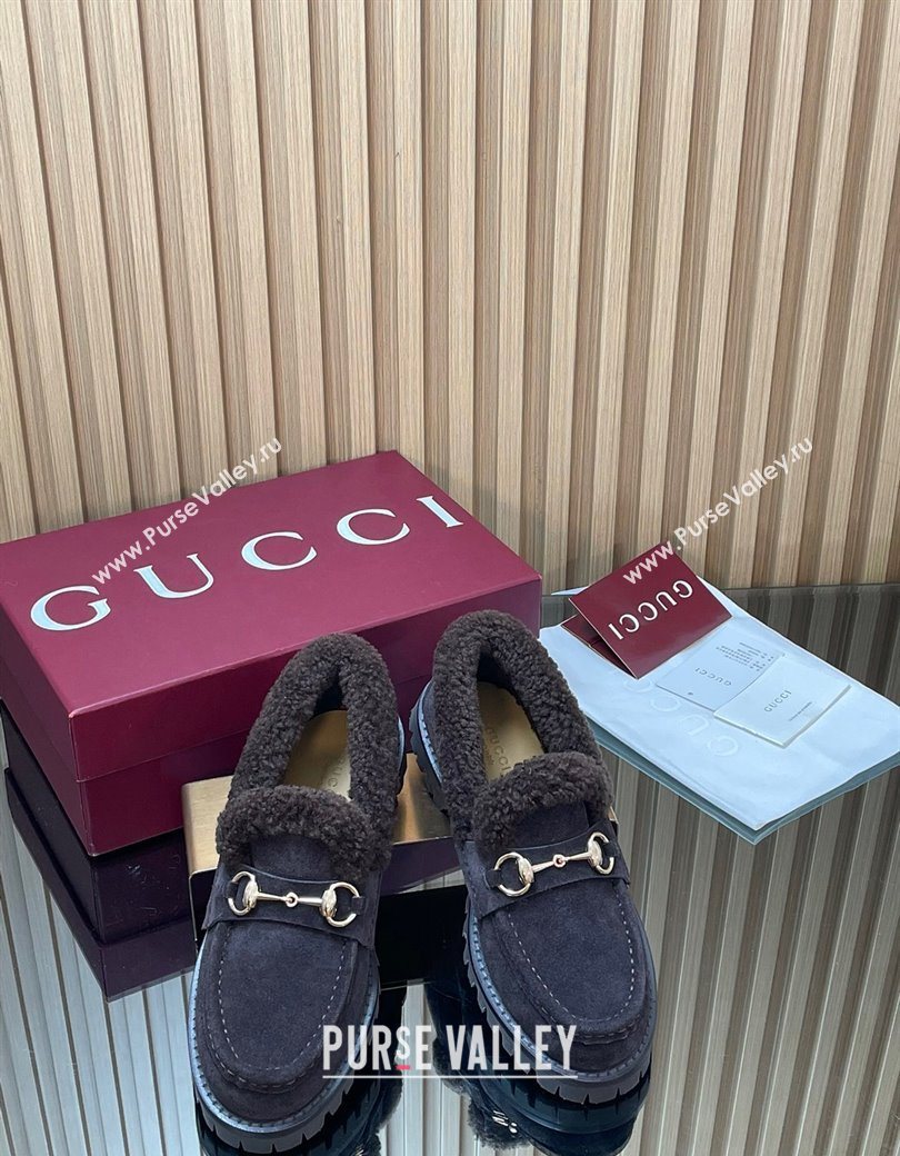 Gucci Wool and Suede Loafers with Horsebit Dark Brown 2025 836060 (MD-251218041)