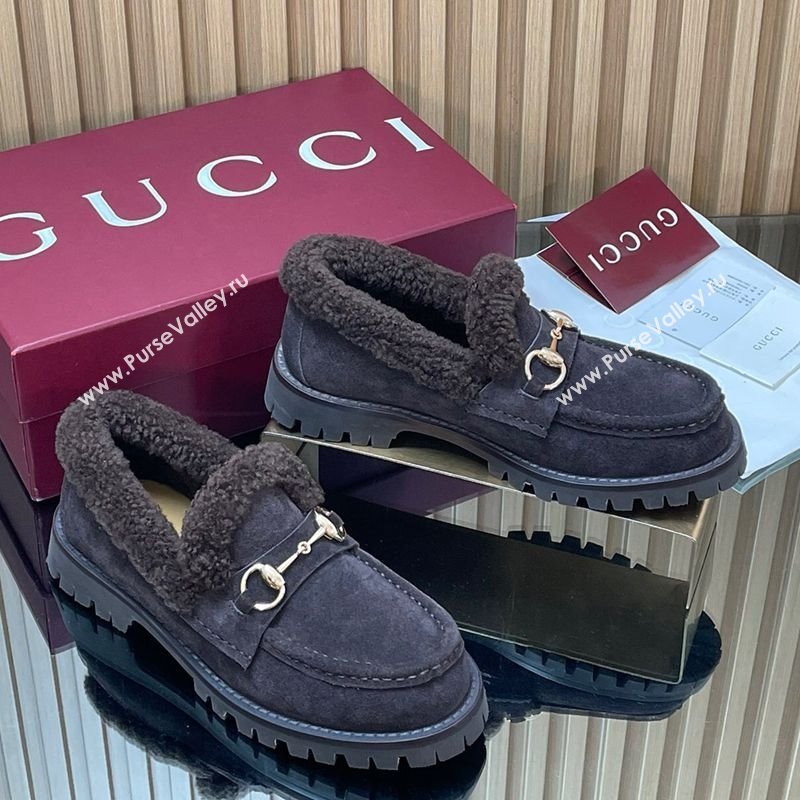 Gucci Wool and Suede Loafers with Horsebit Dark Brown 2025 836060 (MD-251218041)