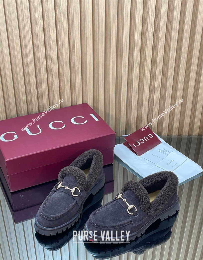 Gucci Wool and Suede Loafers with Horsebit Dark Brown 2025 836060 (MD-251218041)