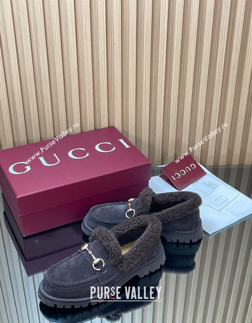 Gucci Wool and Suede Loafers with Horsebit Dark Brown 2025 836060 (MD-251218041)