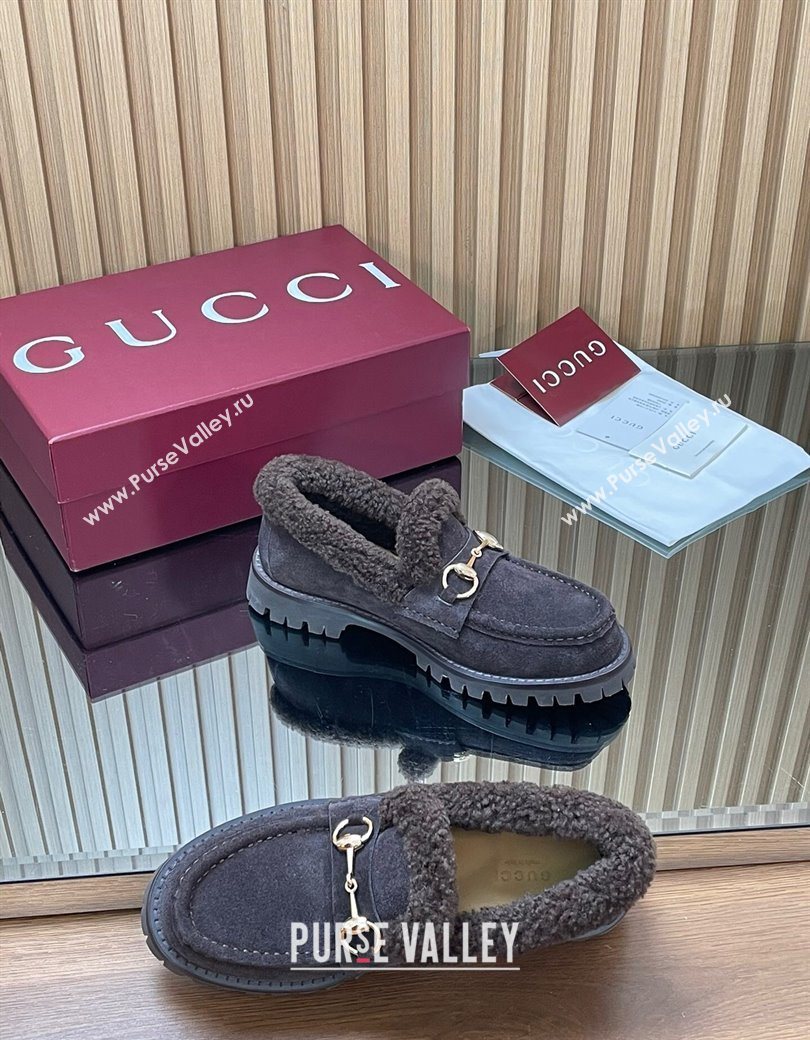 Gucci Wool and Suede Loafers with Horsebit Dark Brown 2025 836060 (MD-251218041)