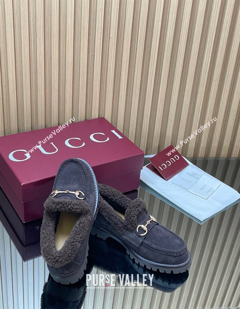 Gucci Wool and Suede Loafers with Horsebit Dark Brown 2025 836060 (MD-251218041)
