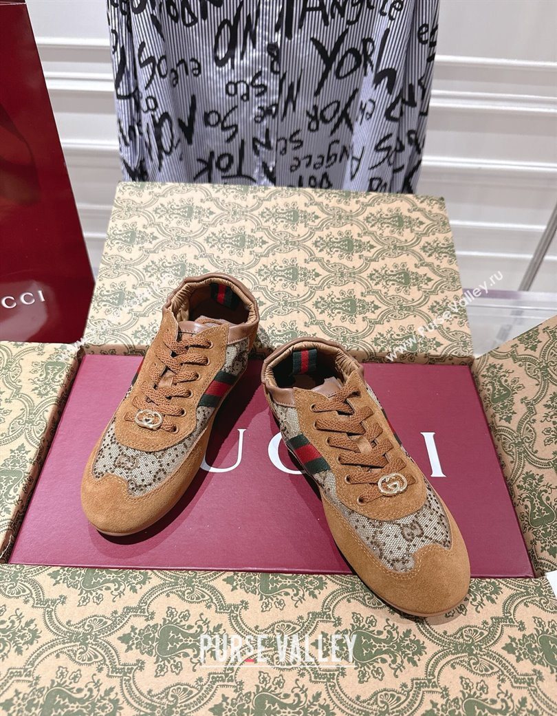 Gucci Shift Sneakers in Suede and GG Strass Brown/Beige 2025 859221 (SS-251218043)