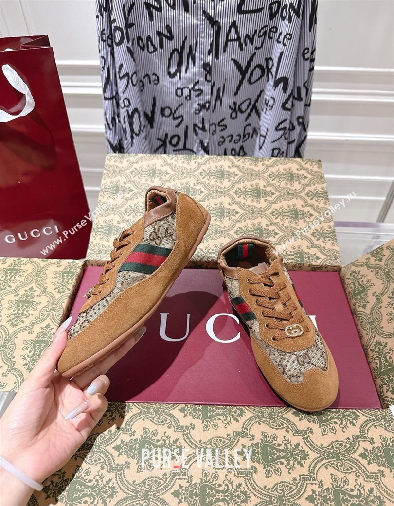 Gucci Shift Sneakers in Suede and GG Strass Brown/Beige 2025 859221 (SS-251218043)
