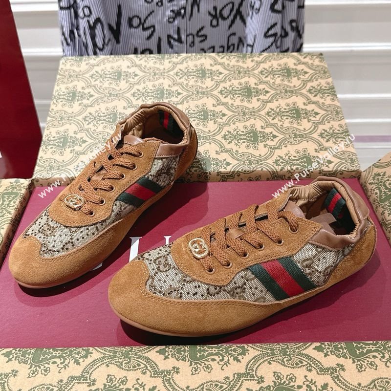Gucci Shift Sneakers in Suede and GG Strass Brown/Beige 2025 859221 (SS-251218043)