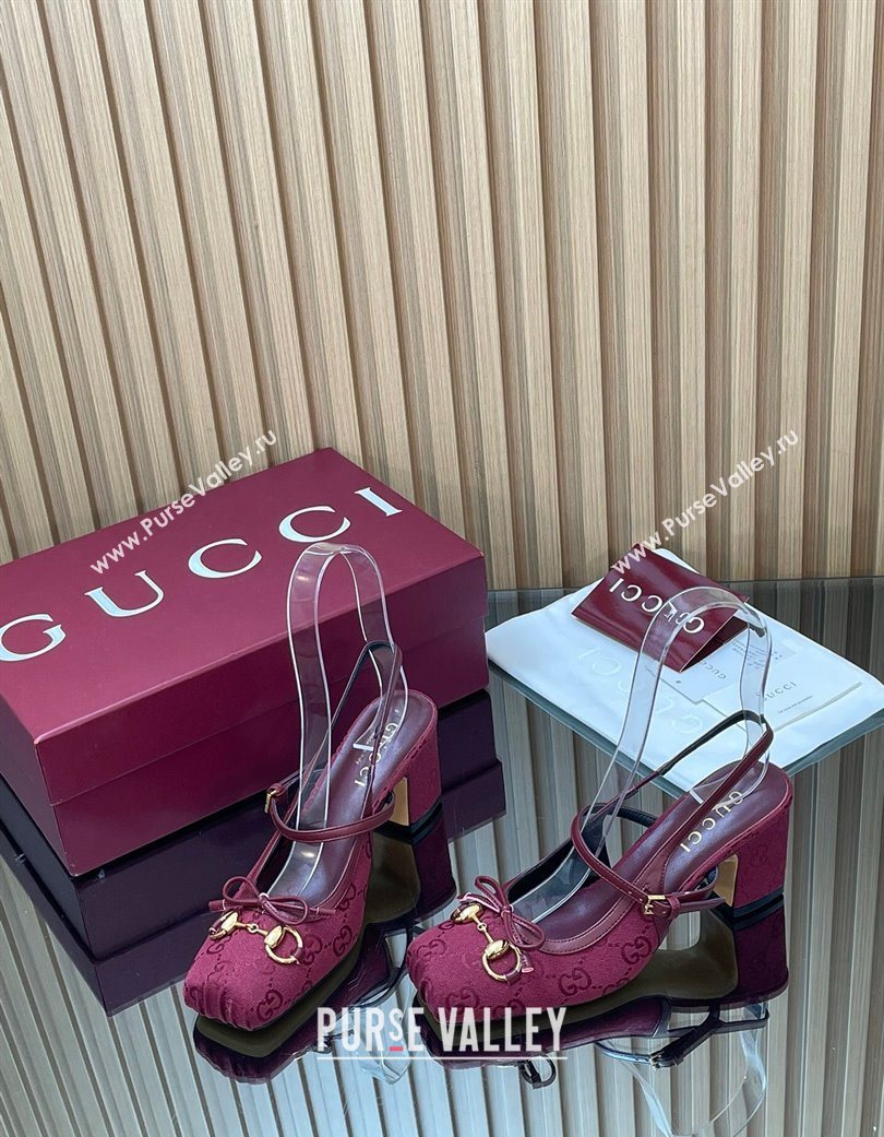 Gucci Horsebit Slingback Pumps 6.5cm in GG Canvas Red 2025 850327 (SS-251218020)