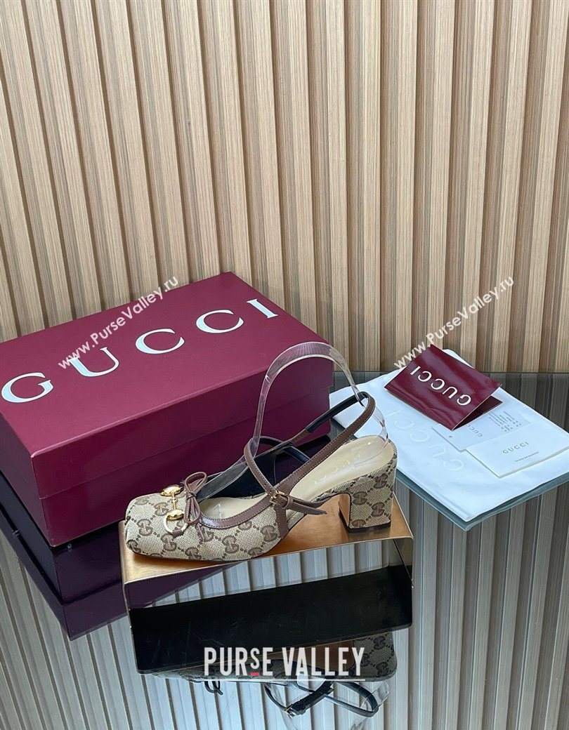 Gucci Horsebit Slingback Pumps 6.5cm in GG Canvas Beige 2025 850327 (SS-251218021)