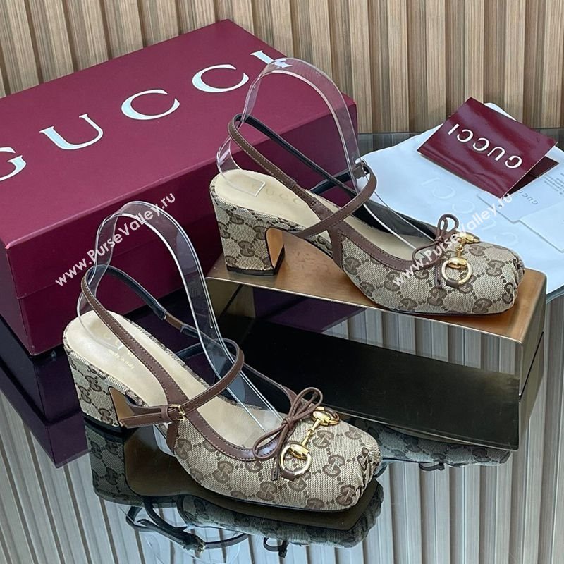 Gucci Horsebit Slingback Pumps 6.5cm in GG Canvas Beige 2025 850327 (SS-251218021)