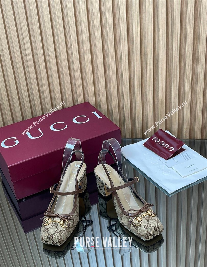 Gucci Horsebit Slingback Pumps 6.5cm in GG Canvas Beige 2025 850327 (SS-251218021)