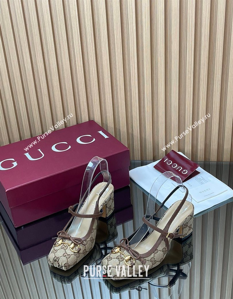 Gucci Horsebit Slingback Pumps 6.5cm in GG Canvas Beige 2025 850327 (SS-251218021)