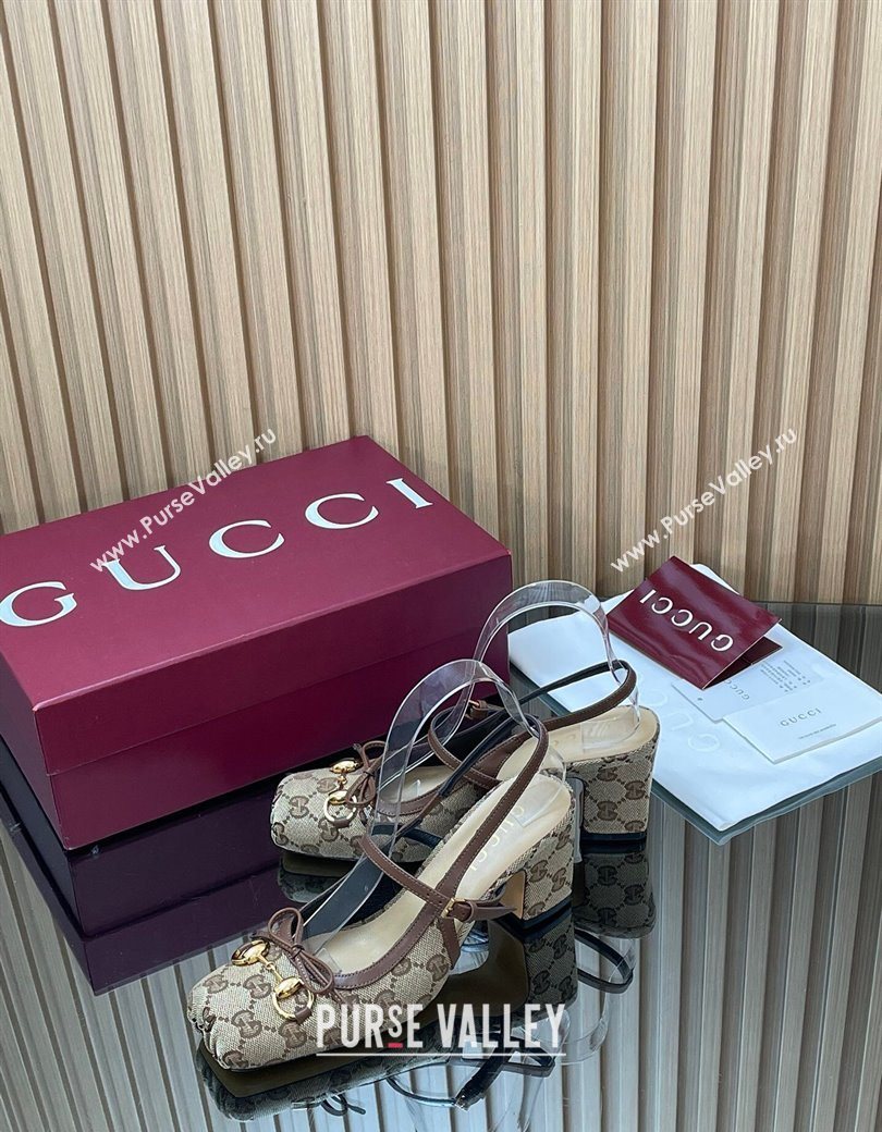 Gucci Horsebit Slingback Pumps 6.5cm in GG Canvas Beige 2025 850327 (SS-251218021)