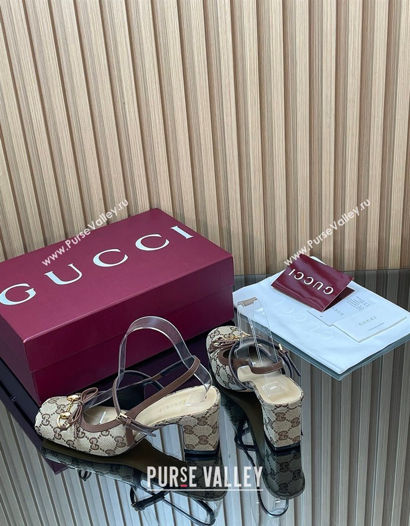 Gucci Horsebit Slingback Pumps 6.5cm in GG Canvas Beige 2025 850327 (SS-251218021)