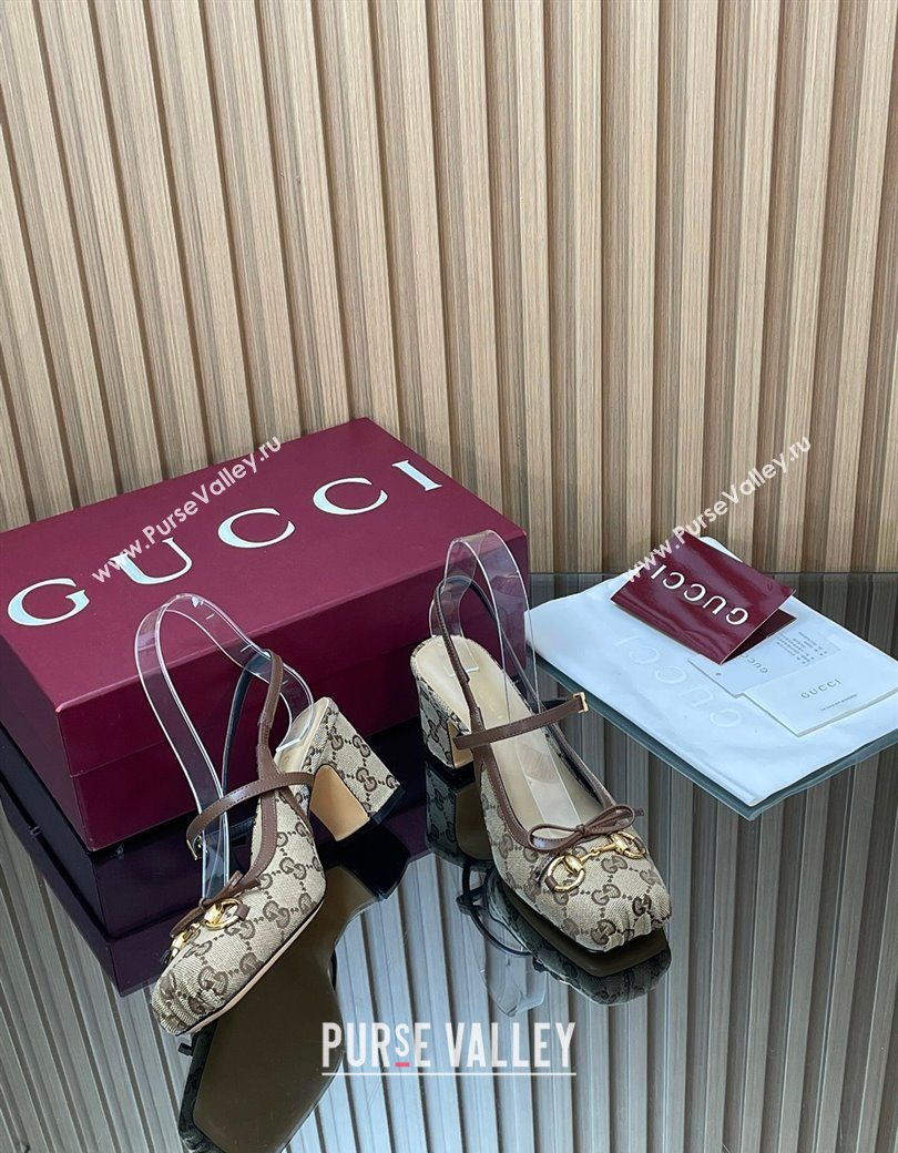 Gucci Horsebit Slingback Pumps 6.5cm in GG Canvas Beige 2025 850327 (SS-251218021)