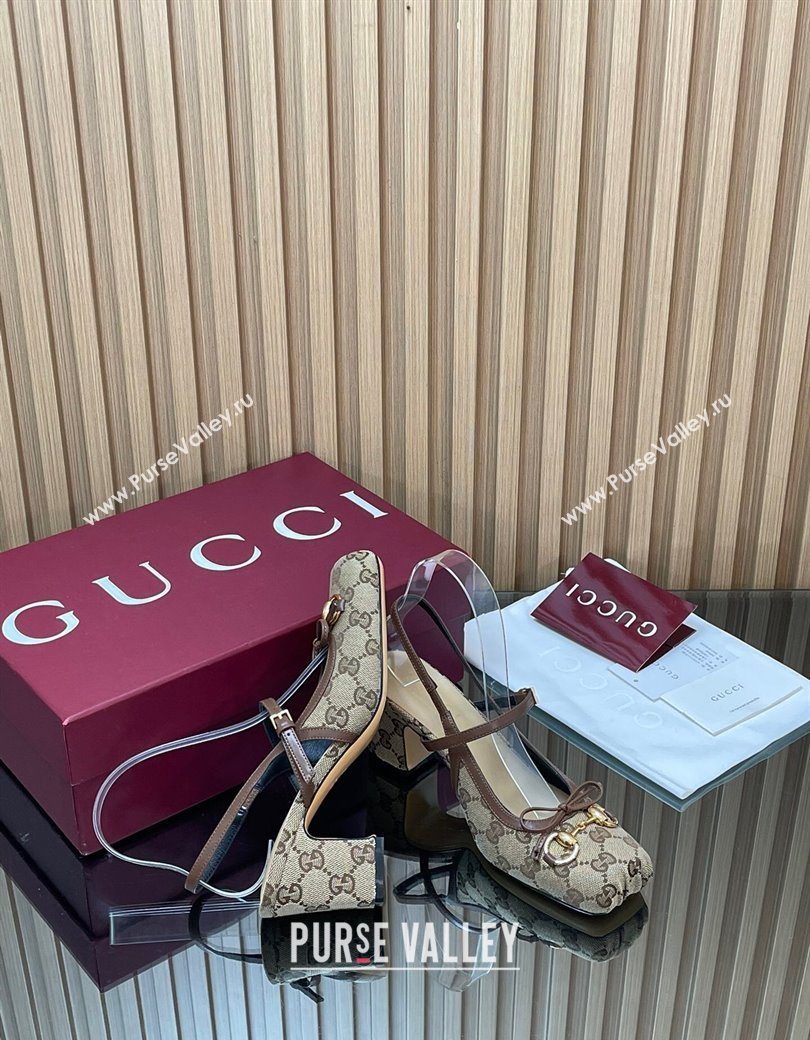 Gucci Horsebit Slingback Pumps 6.5cm in GG Canvas Beige 2025 850327 (SS-251218021)