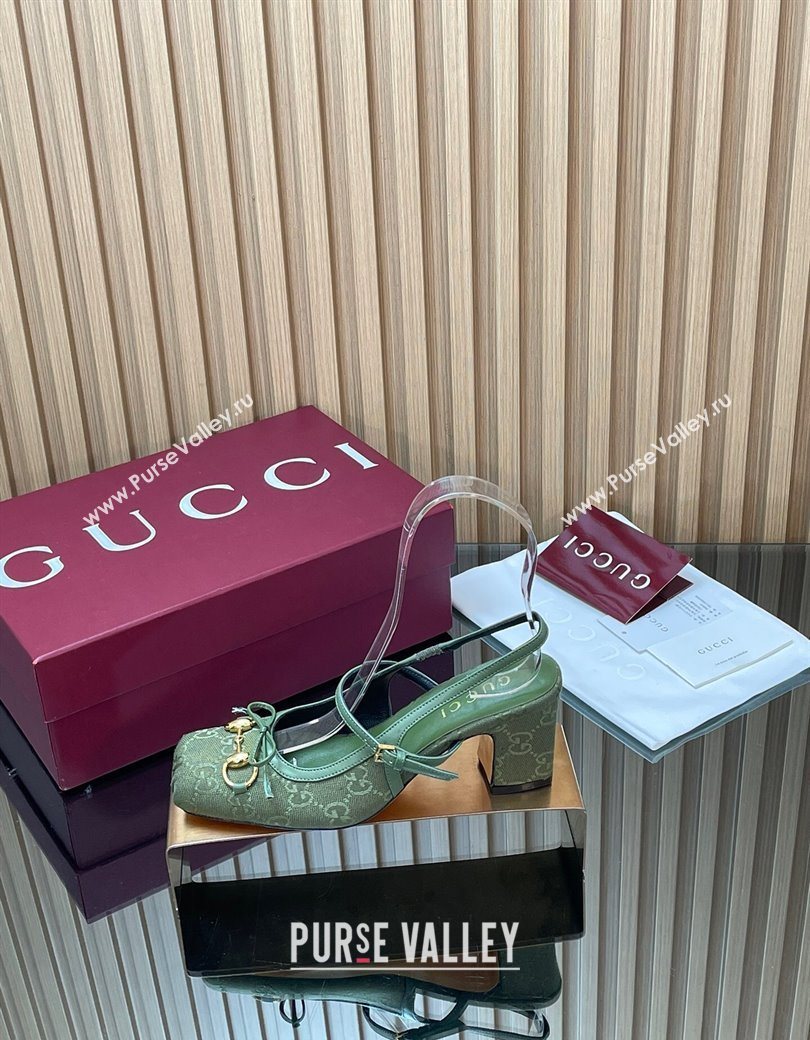 Gucci Horsebit Slingback Pumps 6.5cm in GG Canvas Green 2025 850327 (SS-251218022)