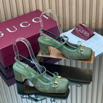 Gucci Horsebit Slingback Pumps 6.5cm in GG Canvas Green 2025 850327 (SS-251218022)