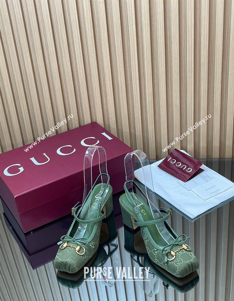 Gucci Horsebit Slingback Pumps 6.5cm in GG Canvas Green 2025 850327 (SS-251218022)