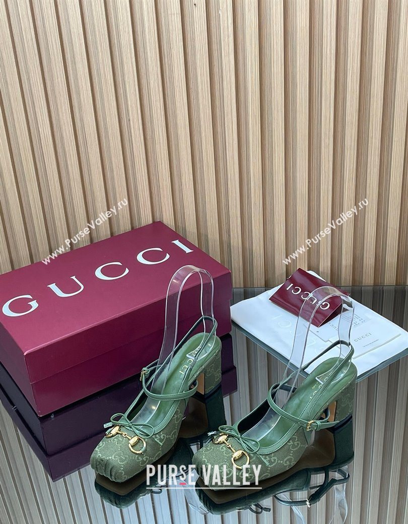 Gucci Horsebit Slingback Pumps 6.5cm in GG Canvas Green 2025 850327 (SS-251218022)
