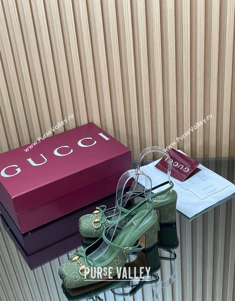 Gucci Horsebit Slingback Pumps 6.5cm in GG Canvas Green 2025 850327 (SS-251218022)