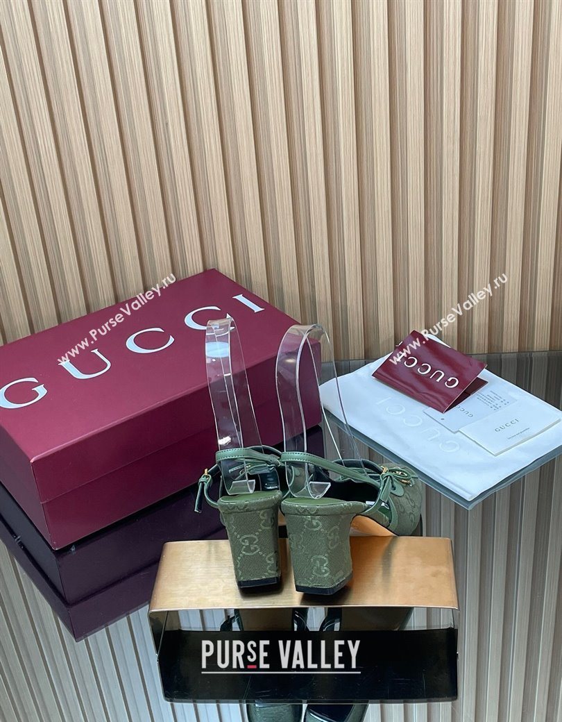 Gucci Horsebit Slingback Pumps 6.5cm in GG Canvas Green 2025 850327 (SS-251218022)