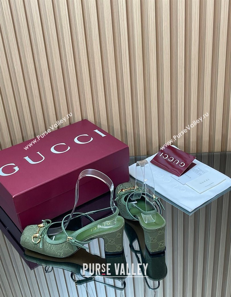 Gucci Horsebit Slingback Pumps 6.5cm in GG Canvas Green 2025 850327 (SS-251218022)