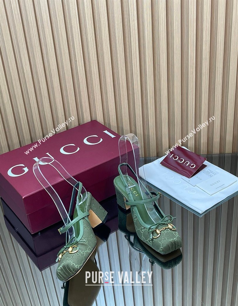 Gucci Horsebit Slingback Pumps 6.5cm in GG Canvas Green 2025 850327 (SS-251218022)