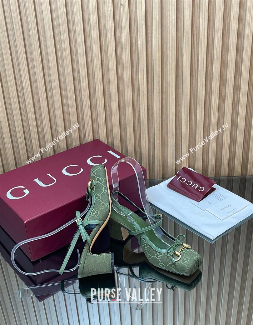 Gucci Horsebit Slingback Pumps 6.5cm in GG Canvas Green 2025 850327 (SS-251218022)