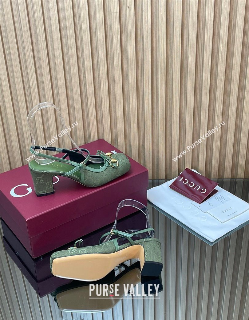 Gucci Horsebit Slingback Pumps 6.5cm in GG Canvas Green 2025 850327 (SS-251218022)