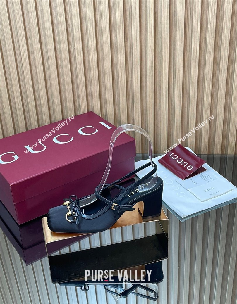 Gucci Horsebit Slingback Pumps 6.5cm in Satin Black 2025 850327 (SS-251218023)
