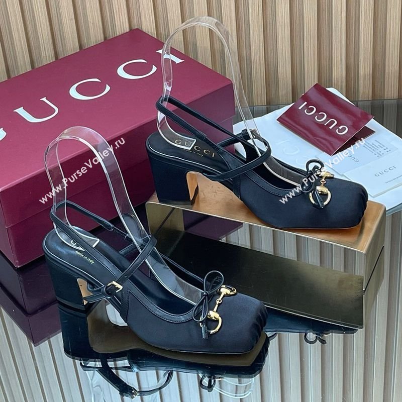 Gucci Horsebit Slingback Pumps 6.5cm in Satin Black 2025 850327 (SS-251218023)
