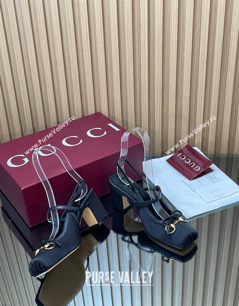 Gucci Horsebit Slingback Pumps 6.5cm in Satin Black 2025 850327 (SS-251218023)